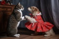 adorable cats and dogs, dressed in tutu and tango shoes, dancing to the music