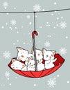 Adorable cats inside red umbrella on snowflake background