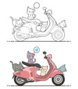 Adorable cats love motorbike cartoon coloring page for kids