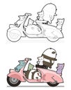 Adorable cats and pandas love motorbike cartoon coloring page for kids