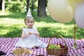 Adorable caucasian blonde baby girl celebrating first birthday outdoor at picnic in park on plaid,wearing festive hat Royalty Free Stock Photo