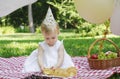 Adorable caucasian blonde baby girl celebrating first birthday outdoor at picnic in summer park ,wearing festive hat Royalty Free Stock Photo