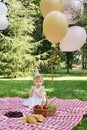 Adorable caucasian blonde baby looking at camera celebrating first birthday outside at picnic in summer park on plaid Royalty Free Stock Photo