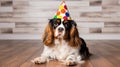 Adorable cavalier charles king spaniel celebrating with party hat at birthday carnival