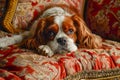 Adorable Cavalier King Charles Spaniel Lying Comfortably on Elegant Vintage Patterned Cushion