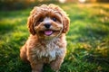 Adorable Cavapoo Puppy with Charming Facial Expression Playing in Green Grass Under Sunny Sky Royalty Free Stock Photo