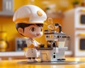 Adorable Chibi Barista Making Coffee in a Cozy Kitchen with Professional Espresso Machine Royalty Free Stock Photo