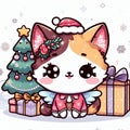 An adorable chibi kitten in fashionable style with christmas scene, christmas tree and the gifts, snow flakes, white background Royalty Free Stock Photo