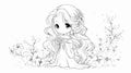 Adorable Chibi Princess Coloring Page with Delicate Flowers Royalty Free Stock Photo