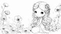 Adorable Chibi Princess Coloring Page with Delicate Flowers Royalty Free Stock Photo