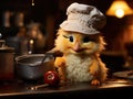 Adorable chick chef cooking in cozy lighting