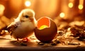 Adorable chick beside a cracked egg under warm lighting Royalty Free Stock Photo
