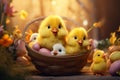 Adorable chicks in a colorful Easter basket