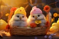 Adorable chicks in a colorful Easter basket