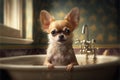 Adorable Chihuahua dog in a bath, vintage setting