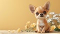 Adorable Chihuahua Puppy with Big Ears and Brown Fur Sitting in a Field of Yellow Flowers and White Daisies on a Warm Sunny Day in Royalty Free Stock Photo