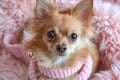 Adorable Chihuahua Puppy Dressed in Pink Sweater lying on a Soft Fluffy Pink Blanket Royalty Free Stock Photo