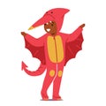 Adorable Child Dons Pterodactyl Dinosaur Costume. Kid Character Bringing Prehistoric Charm To Life, Vector Illustration