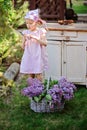 Adorable child girl in pink plaid dress with secateurs and basket of lilacs in spring garden Royalty Free Stock Photo