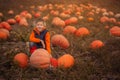 Adorable child having fun with pumpkin on pumpkinpatch on farm. Royalty Free Stock Photo
