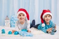 Adorable children, boy brothers, playing with christmas decoration
