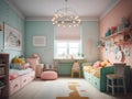 Cute childrens bedroom with colorful decor created with Generative AI