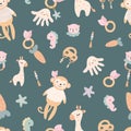 Adorable children toys seamless pattern. Cute nursery baby print, simple toy, monkey and giraffe, pendant with beads