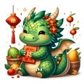 Adorable chinese green dragon in a cutr pose, holding red envelope, with the fruits arounds him, lampion, vector art, zodiac