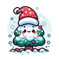 An adorable Christmas tree with snow, a santa hat and falling snow, in a cartoon style, on a white background, printable Royalty Free Stock Photo