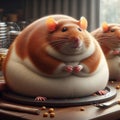 Adorable chubby hamster with glossy eyes in a cozy, warm setting sitting in a bowl of crumbs, another hamster in the