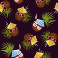 Adorable coconuts. Seamless pattern on black. Vector. Perfect for design templates, wallpaper, wrapping, fabric and textile