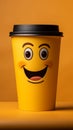 Adorable coffee cup persona on yellow backdrop, sporting a grin Copy friendly atmosphere Royalty Free Stock Photo