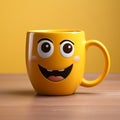 Adorable coffee cup persona on yellow backdrop, sporting a grin Copy friendly atmosphere Royalty Free Stock Photo