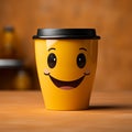 Adorable coffee cup persona on yellow backdrop, sporting a grin Copy friendly atmosphere Royalty Free Stock Photo