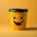 Adorable coffee cup persona on yellow backdrop, sporting a grin Copy friendly atmosphere Royalty Free Stock Photo