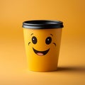 Adorable coffee cup persona on yellow backdrop, sporting a grin Copy friendly atmosphere Royalty Free Stock Photo