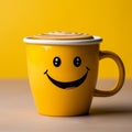 Adorable coffee cup persona on yellow backdrop, sporting a grin Copy friendly atmosphere Royalty Free Stock Photo