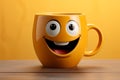 Adorable coffee cup persona on yellow backdrop, sporting a grin Copy friendly atmosphere Royalty Free Stock Photo