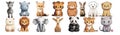 Adorable Collection of Cartoon Animals Including Zebra, Hippopotamus, Fox, Tiger, Bear, Rabbit, Dog, Lion, Polar Bear