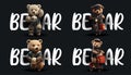 Adorable Collection of Four Different Teddy Bears in Various Poses and Outfits, Isolated on a Dark