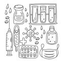 Adorable collection of medicine doodle elements. Vaccine, syringe , pills, mask, thermometer vector illustration.