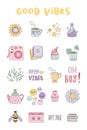 Adorable collection pf vector good vibes stickers, patches, cute pastel badges, fun cartoon icons.