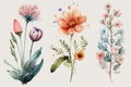 Adorable collection of watercolor flowers on a pristine white background, Generative Ai