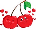 Adorable color kawaii drawing of a cherry couple, happy, in love, with hearts, for children`s book or Valentine`s Day card