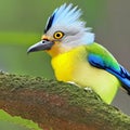 Adorable colorful exotic bird, yellow and green feater, bird with a tail on its head ai Generated, generative AI, CGI