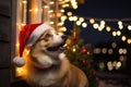 Adorable corgi dog in festive Christmas costume at xmas night outdoors.
