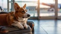 Adorable corgi dog next to luggage, waiting patiently for flight at the airport terminal