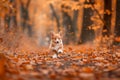 Adorable Corgi Dog Running Through Autumn Leaves in a Picturesque Forest Scene