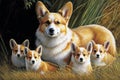 Adorable Corgi Mum Proudly Looks After Her Litter Of Four Playful Pups In The Grass. Generative AI
