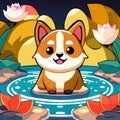 Adorable Corgi in Pond - Cute Illustration